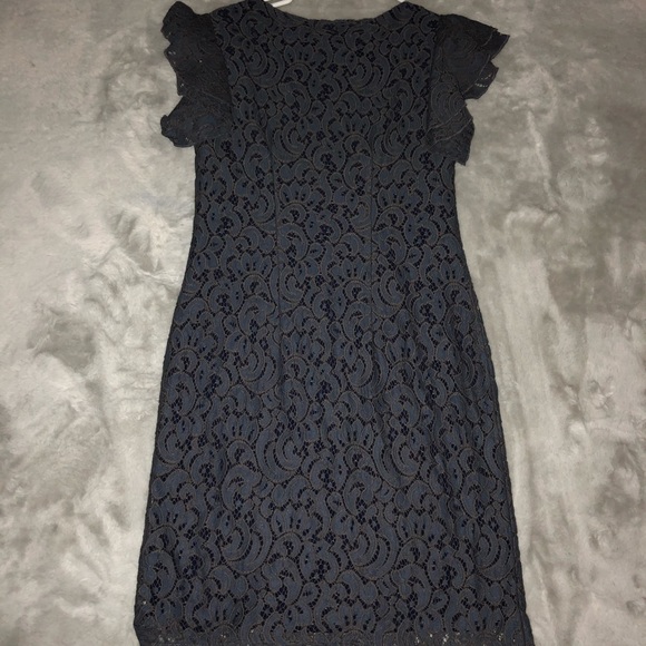 Grey/Blue Lace Dress Flutter Short Sleeve Midi - Picture 2 of 10